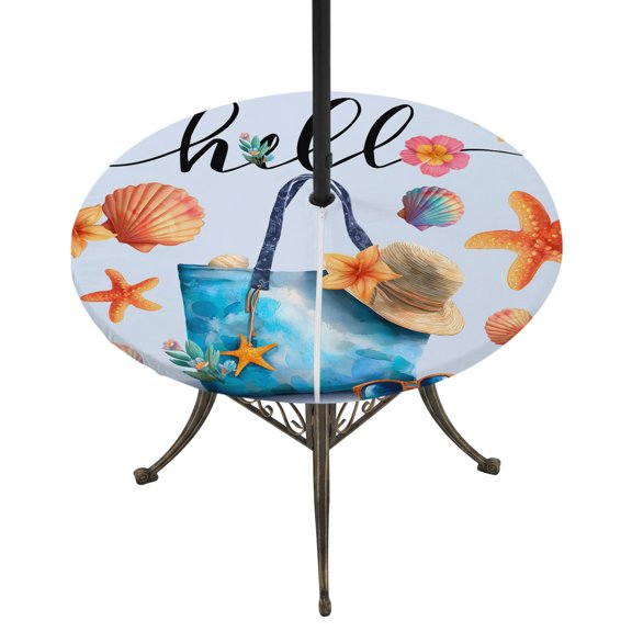 Outdoor Tablecloth with Umbrella Hole and Zipper Summer Beach Hat Tote Bag Round Fitted Table Cover with Elastic Waterproof Blue Starfish Shell Hello Patio Tablecloths for Picnic BBQS Fit 45"-54"