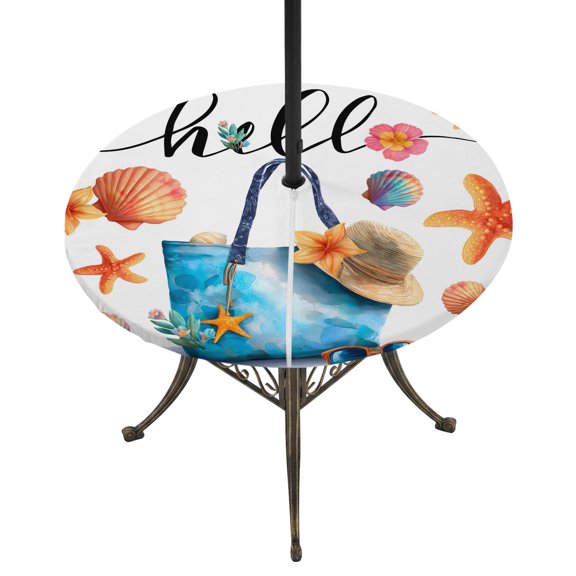 Outdoor Tablecloth with Umbrella Hole and Zipper Summer Beach Hat Tote Bag Round Fitted Table Cover with Elastic Waterproof Starfish Shell Hello Patio Tablecloths for Picnic BBQS Garden Fit 55"-60"