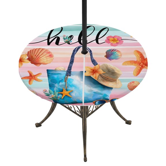 Outdoor Tablecloth with Umbrella Hole and Zipper Summer Beach Hat Tote Bag Round Fitted Table Cover with Elastic Waterproof Starfish Shell Stripes Hello Patio Tablecloths for Picnic BBQS Fit 55"-60"
