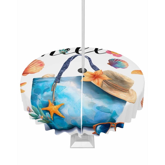 Outdoor Tablecloth with Umbrella Hole and Zipper Summer Beach Hat Tote Bag Round Tablecloths 60 Inch Waterproof Starfish Shell Hello Patio Table Cover for Outdoor Tables Picnic BBQS Party Decor