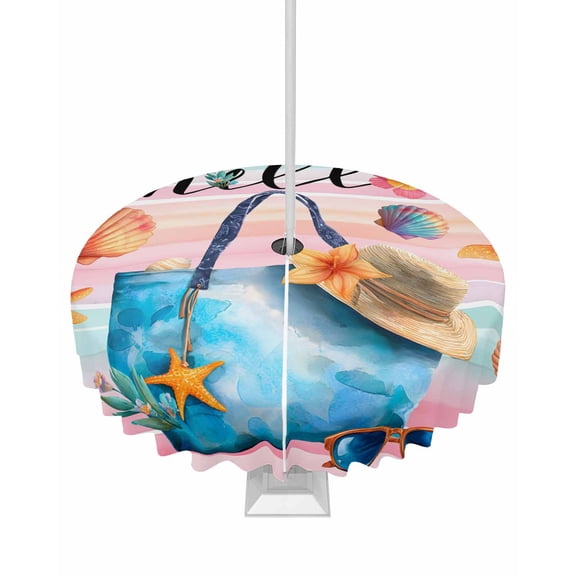 Outdoor Tablecloth with Umbrella Hole and Zipper Summer Beach Hat Tote Bag Round Tablecloths 60 Inch Waterproof Starfish Shell Stripes Hello Patio Table Cover for Outdoor Tables Picnic BBQS Party