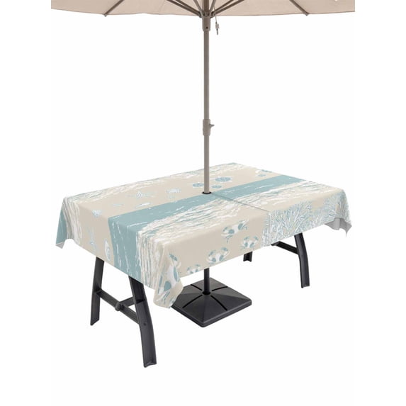Outdoor Tablecloth with Umbrella Hole and Zipper, Summer Beach Rectangle Table Cloth 52x70 Inch Waterproof Tablecloth, Ocean Coastal Crabs Sea Turtles Corals Starfish Picnic Table Cover for Patio