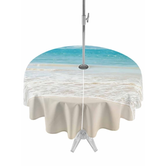 Outdoor Tablecloth with Umbrella Hole & Zipper, Summer Beach Round Tablecloth 54 Inch, Coastal Ocean Nautical Seaside Patio Table Cover Waterproof Table Cloth for Picnic/Party