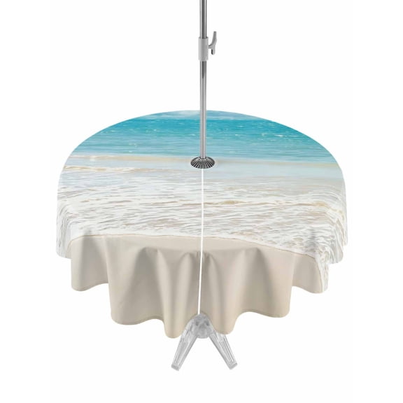 Outdoor Tablecloth with Umbrella Hole & Zipper, Summer Beach Round Tablecloth 54 Inch, Coastal Ocean Nautical Seaside Patio Table Cover Waterproof Table Cloth for Picnic/Party
