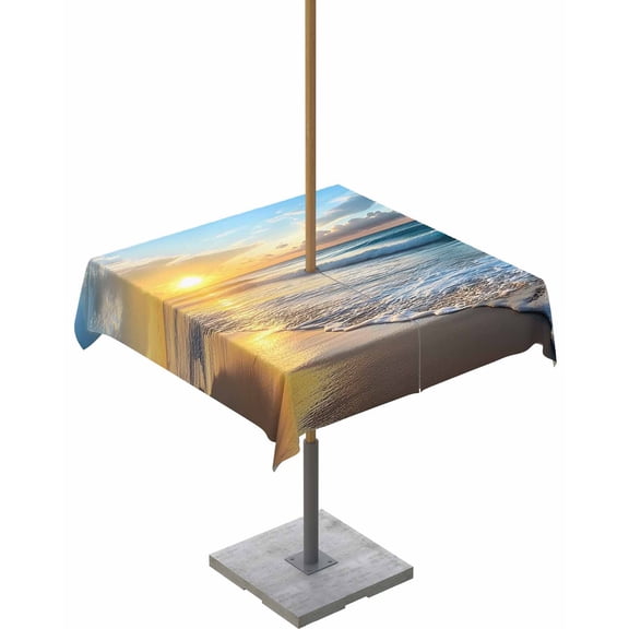 Outdoor Tablecloth with Umbrella Hole & Zipper, Summer Beach Square Tablecloth 54x54 Inch, Sunset Ocean Coastal Nautical Patio Table Cover Waterproof Table Cloth for Picnic/Party