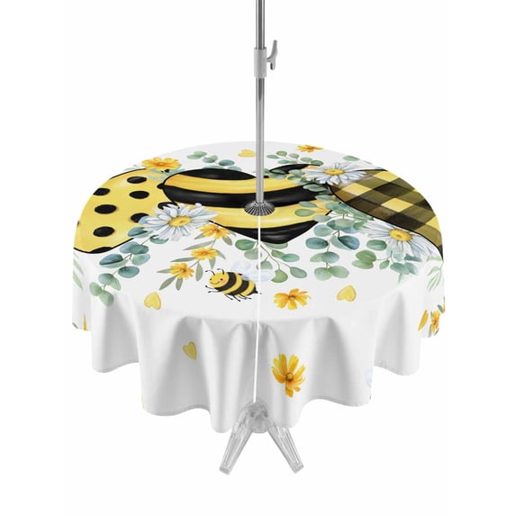 Outdoor Tablecloth with Umbrella Hole and Zipper, Summer Bee Love Round Table Cloth 60 Inch Waterproof Tablecloth, Daisy Floral Eucalyptus Leaves Rustic Picnic Table Cover for Patio Camping
