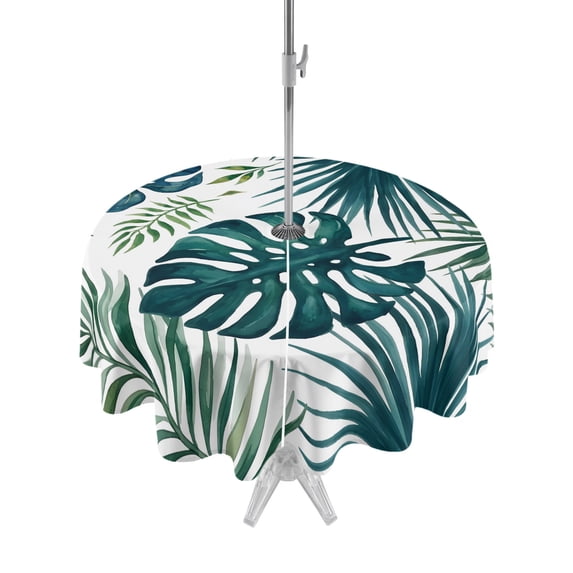 Outdoor Tablecloth with Umbrella Hole Zipper Summer Botanical Round Tablecloth 54" Waterproof Outside Table Cloth Palm Leaf Tropical Monstera Leaves Patio Table Cover Tablecloths for Picnic Party
