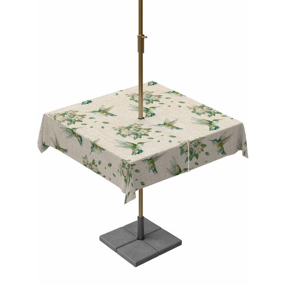 Outdoor Tablecloth with Umbrella Hole and Zipper, Summer Botanical Square Table Cloth 54x54 Inch Waterproof Tablecloth, Green Spring Floral Birds Rustic Picnic Table Cover for Patio Camping