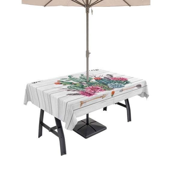 Outdoor Tablecloth with Umbrella Hole and Zipper, Summer Cactus Rectangle Table Cloth 60x120 Inch Waterproof Tablecloth, Farmhouse Tropical Plants Wooden Grain Picnic Table Cover for Patio Camping
