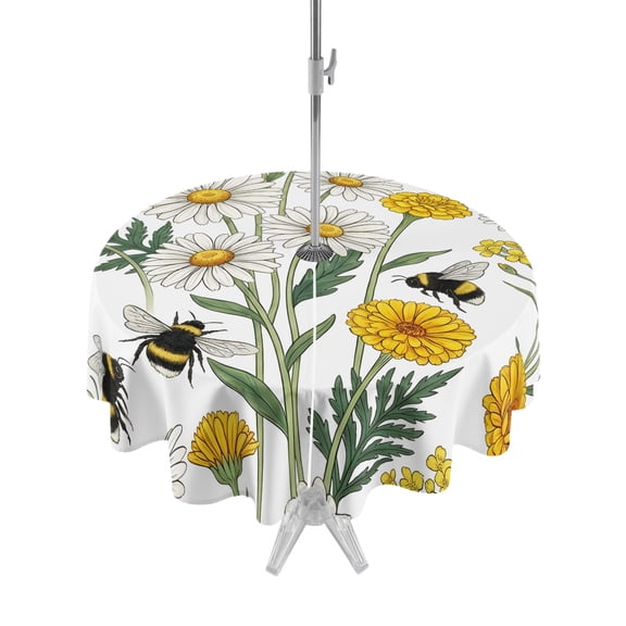 Outdoor Tablecloth with Umbrella Hole Zipper Summer Daisy Round Tablecloth 54" Waterproof Outside Table Cloth Bumblebee Floral Cottagecore Bee Patio Table Cover Tablecloths for Picnic Party
