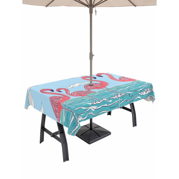 Outdoor Tablecloth with Umbrella Hole and Zipper, Summer Flamingo Cartoon Style Rectangle Waterproof Table Cover 60x84in Washable Table Cloth for Patio Picnic Party Blue Ocean Water Ripple