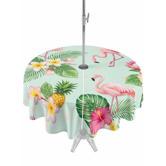Outdoor Tablecloth with Umbrella Hole and Zipper, Summer Flamingos Tropical Leaf Round Waterproof Table Cover 60in Washable Table Cloth for Patio Picnic Party Pink Flower Pineapple