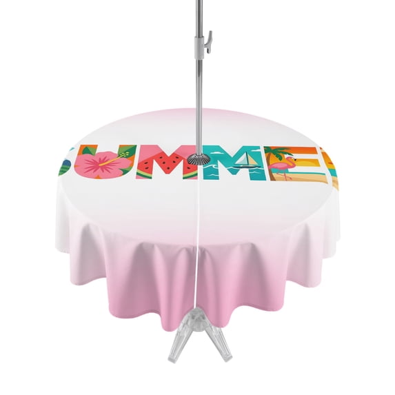Outdoor Tablecloth with Umbrella Hole Zipper Summer Holiday Round Tablecloth 54" Waterproof Outside Table Cloth Gradient Pink Tropical Ocean Palm Tree Fruits Patio Table Cover Tablecloths for Picnic
