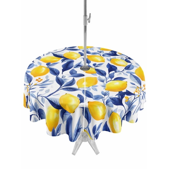Outdoor Tablecloth with Umbrella Hole Zipper Summer Lemon Round Tablecloth 54" Waterproof Outside Table Cloth Watercolor Yellow Blue Garden Floral Patio Table Cover Tablecloths for Picnic Party