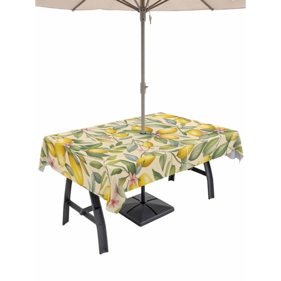 Outdoor Tablecloth with Umbrella Hole and Zipper, Summer Lemons Rectangle Table Cloth 60x102 Inch Waterproof Tablecloth, Vintage Fruits Green Leaf Botanical Picnic Table Cover for Patio Camping