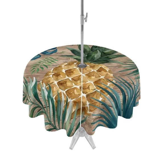 Outdoor Tablecloth with Umbrella Hole Zipper Summer Pineapple Round Tablecloth 60" Waterproof Outside Table Cloth Brown Wood Tropical Palm Monstera Leaves Patio Table Cover Tablecloths for Picnic
