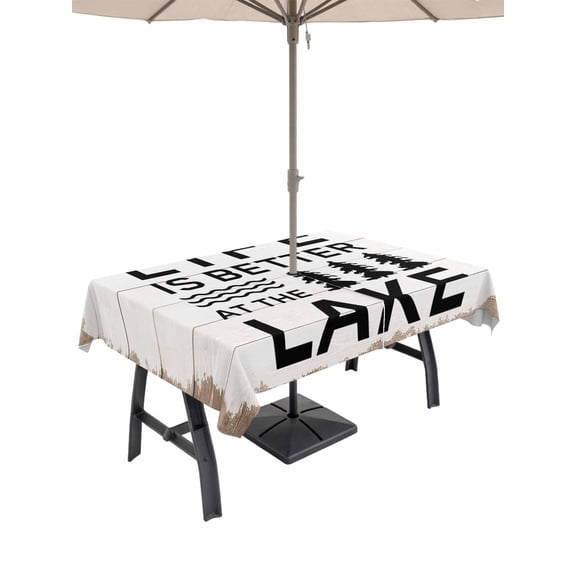 Outdoor Tablecloth with Umbrella Hole and Zipper, Summer Quotes Lake and Forest Rectangle Waterproof Table Cover 60x84in Washable Table Cloth for Patio Picnic Party Farm Wooden Frain