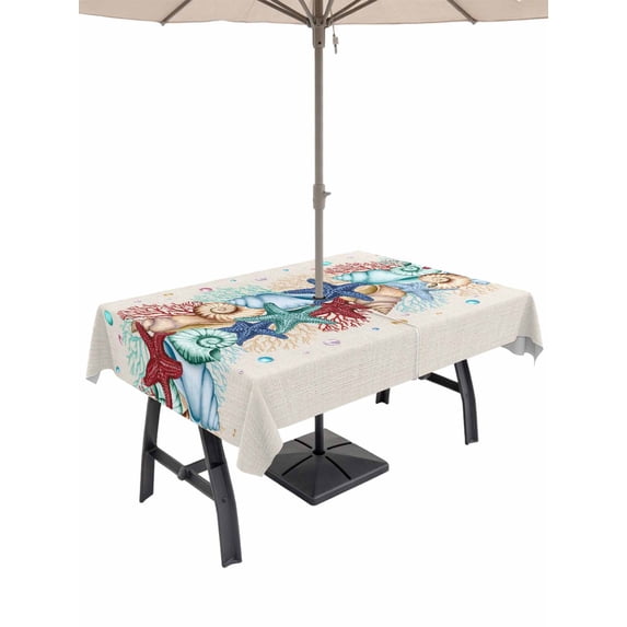 Outdoor Tablecloth with Umbrella Hole and Zipper, Summer Starfish Rectangle Table Cloth 60x102 Inch Waterproof Tablecloth, Blue Conch Coral Ocean Retro Beige Picnic Table Cover for Patio Camping