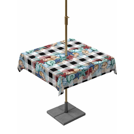 Outdoor Tablecloth with Umbrella Hole and Zipper, Summer Starfish Square Table Cloth 60x60 Inch Waterproof Tablecloth, Blue Conch Coral Ocean Vintage Plaid Picnic Table Cover for Patio Camping