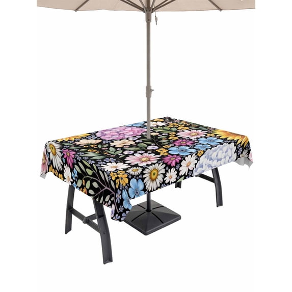 Outdoor Tablecloth with Umbrella Hole and Zipper, Sunflower Rectangle Table Cloth 52x70 Inch Waterproof Tablecloth, Colorful Flowers Summer Botanical Picnic Table Cover for Patio Camping