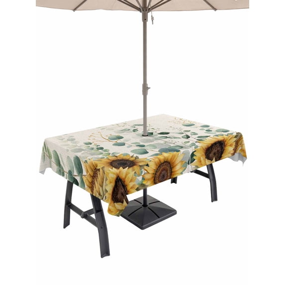 Outdoor Tablecloth with Umbrella Hole and Zipper, Sunflower Rectangle Table Cloth 60x120 Inch Waterproof Tablecloth, Yellow Floral Pastoral Botanical Leaves Rustic Picnic Table Cover for Patio