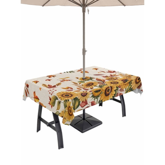 Outdoor Tablecloth with Umbrella Hole and Zipper, Sunflower Rectangle Table Cloth 60x84 Inch Waterproof Tablecloth, Vintage Fallen Maple Leaves Botanical Fruit Picnic Table Cover for Patio Camping