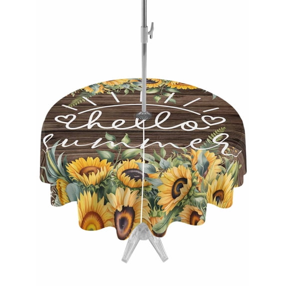 Outdoor Tablecloth with Umbrella Hole and Zipper, Sunflower Round Table Cloth 54 Inch Waterproof Tablecloth, Yellow Summer Botanical Flowers Wooden Picnic Table Cover for Patio Camping