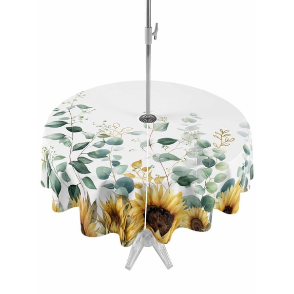 Outdoor Tablecloth with Umbrella Hole and Zipper, Sunflower Round Table Cloth 60 Inch Waterproof Tablecloth, Yellow Floral Pastoral Botanical Leaves Picnic Table Cover for Patio Camping