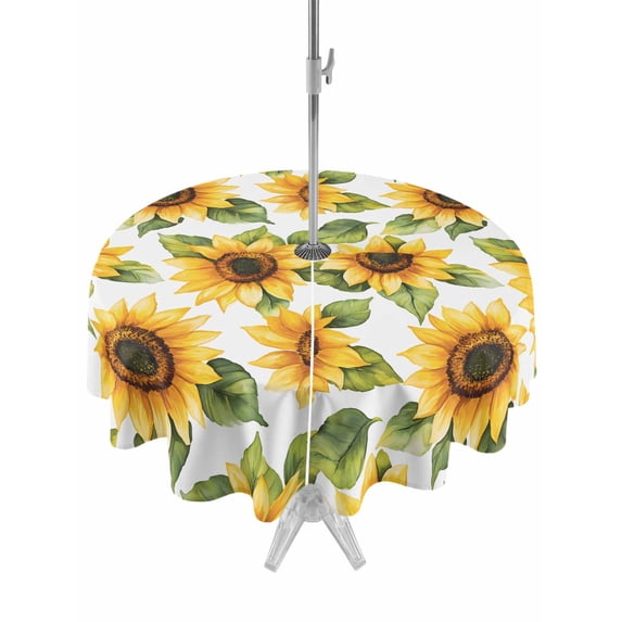 Outdoor Tablecloth with Umbrella Hole Zipper Sunflower Round Tablecloth 60" Waterproof Outside Table Cloth Watercolor Summer Botanical Yellow Patio Table Cover Tablecloths for Picnic Party