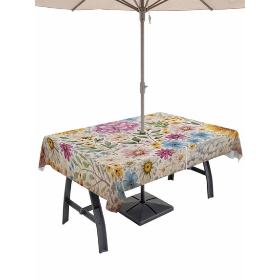 Outdoor Tablecloth with Umbrella Hole and Zipper, Sunflower Vintage Rectangle Table Cloth 54x80 Inch Waterproof Tablecloth, Yellow Floral Summer Botanical Retro Art Picnic Table Cover for Patio
