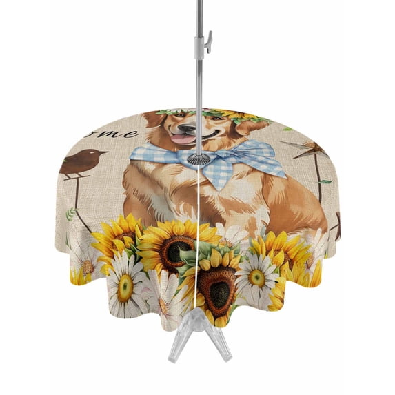 Outdoor Tablecloth with Umbrella Hole and Zipper, Sunflowers Dog Round Table Cloth 60 Inch Waterproof Tablecloth, Spring Watercolor Floral Stars on Linen Picnic Table Cover for Patio Camping