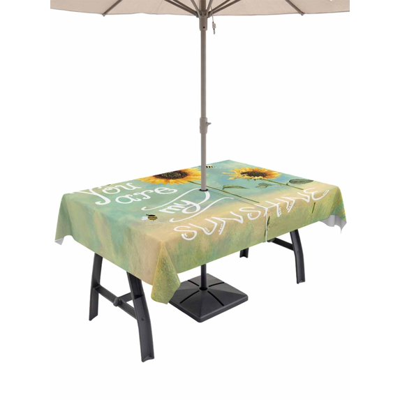 Outdoor Tablecloth with Umbrella Hole and Zipper, Sunflowers Rectangle Table Cloth 54x80 Inch Waterproof Tablecloth, Modern Bee You Are My Sunshine Green Picnic Table Cover for Patio Camping