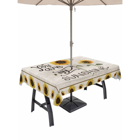 Outdoor Tablecloth with Umbrella Hole and Zipper, Sunflowers Rectangle Table Cloth 60x120 Inch Waterproof Tablecloth, Vintage Bee You Are My Sunshine Retro Picnic Table Cover for Patio Camping