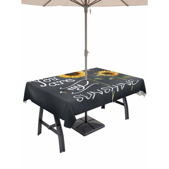 Outdoor Tablecloth with Umbrella Hole and Zipper, Sunflowers Rectangle Table Cloth 60x84 Inch Waterproof Tablecloth, Classic Bee You Are My Sunshine Black Picnic Table Cover for Patio Camping