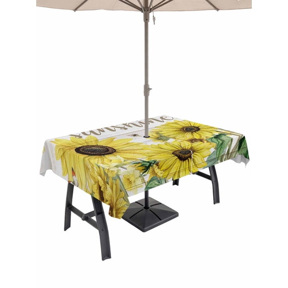 Outdoor Tablecloth with Umbrella Hole and Zipper, Sunflowers Rectangle Table Cloth 60x84 Inch Waterproof Tablecloth, Country Spring Botanical Flowers Bee Wooden Picnic Table Cover for Patio Camping