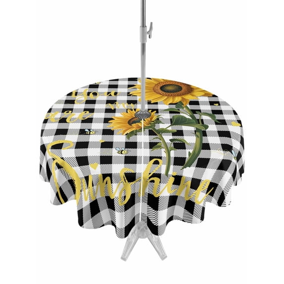 Outdoor Tablecloth with Umbrella Hole and Zipper, Sunflowers Round Table Cloth 60 Inch Waterproof Tablecloth, Spring Summer Bees Floral Black Plaid Picnic Table Cover for Patio Camping