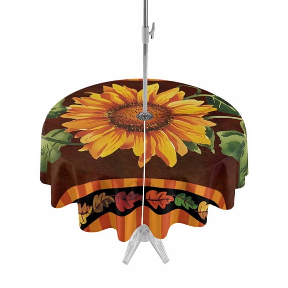 Outdoor Tablecloth with Umbrella Hole Zipper Sunflowers Round Tablecloth 60" Waterproof Outside Table Cloth Farmhouse Vintage Flowers Leaves Orange Stripes Patio Table Cover Tablecloths for Picnic