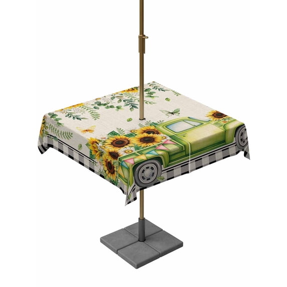 Outdoor Tablecloth with Umbrella Hole and Zipper, Sunflowers Square Table Cloth 54x54 Inch Waterproof Tablecloth, Spring Farmhouse Vintage Truck Leaf Black Plaid Picnic Table Cover for Patio Camping