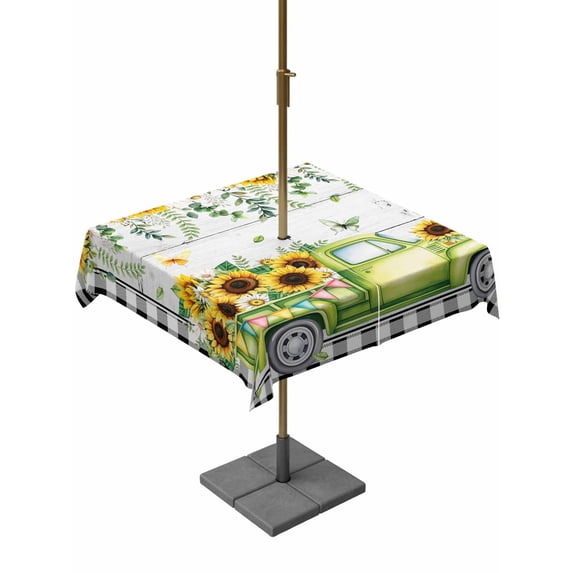 Outdoor Tablecloth with Umbrella Hole and Zipper, Sunflowers Square Table Cloth 60x60 Inch Waterproof Tablecloth, Spring Farmhouse Country Truck Leaf Wood Grain Picnic Table Cover for Patio Camping