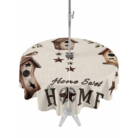 Outdoor Tablecloth with Umbrella Hole and Zipper, Sweet Home Round Table Cloth 54 Inch Waterproof Tablecloth, Western Stars Bird Houses Farmhouse Retro Picnic Table Cover for Patio Camping