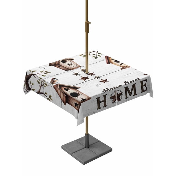 Outdoor Tablecloth with Umbrella Hole and Zipper, Sweet Home Square Table Cloth 54x54 Inch Waterproof Tablecloth, Western Stars Bird Houses White Wood Plank Picnic Table Cover for Patio Camping