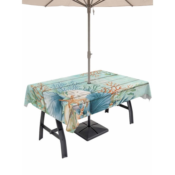 Outdoor Tablecloth with Umbrella Hole and Zipper, Teal Beach Coastal Rectangle Table Cloth 52x70 Inch Waterproof Tablecloth, Summer Nautical Coral Shell Botanical Vintage Picnic Table Cover for Patio