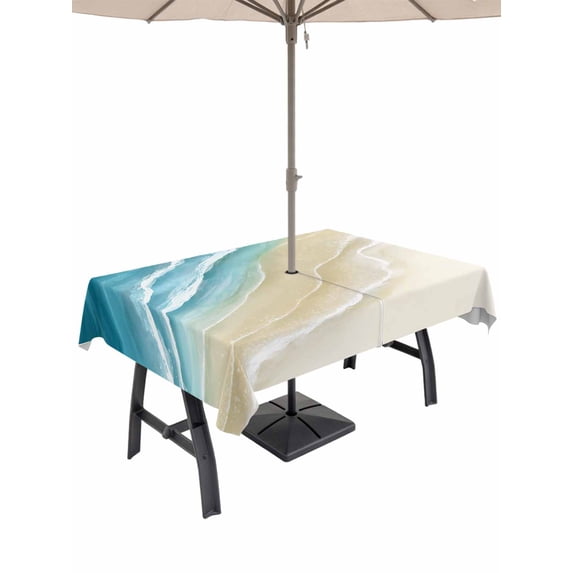 Outdoor Tablecloth with Umbrella Hole and Zipper, Teal Blue Beach Coastal Rectangle Table Cloth 52x70 Inch Waterproof Tablecloth, Summer Ocean Nautical Seaside Picnic Table Cover for Patio Camping