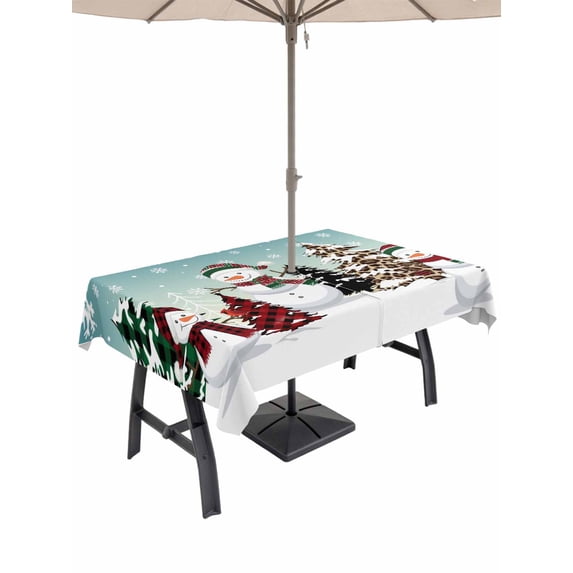 Outdoor Tablecloth with Umbrella Hole and Zipper, Teal Blue Christmas Rectangle Table Cloth 54x80 Inch Waterproof Tablecloth, Snowman Xmas Tree Winter Snowflake Picnic Table Cover for Patio Camping