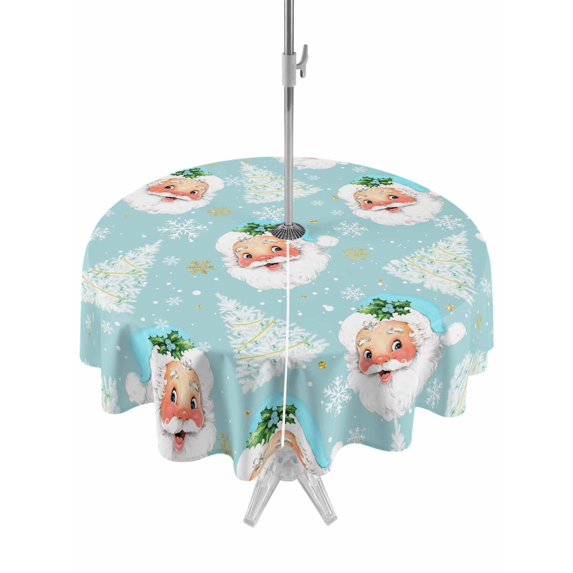 Outdoor Tablecloth with Umbrella Hole and Zipper, Teal Blue Christmas Round Table Cloth 60 Inch Waterproof Tablecloth, Santa Xmas Tree Snowflake Winter Picnic Table Cover for Patio Camping