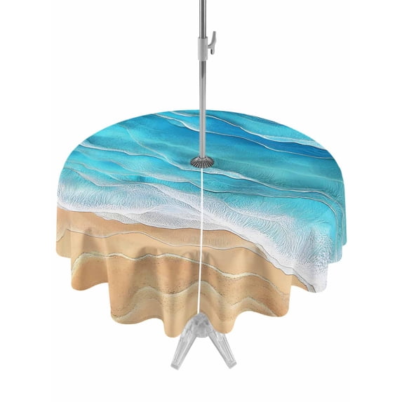 Outdoor Tablecloth with Umbrella Hole & Zipper, Teal Blue Coastal Beach Round Tablecloth 60 Inch, Summer Nautical Ocean Beige Seaside Patio Table Cover Waterproof Table Cloth for Picnic/Party