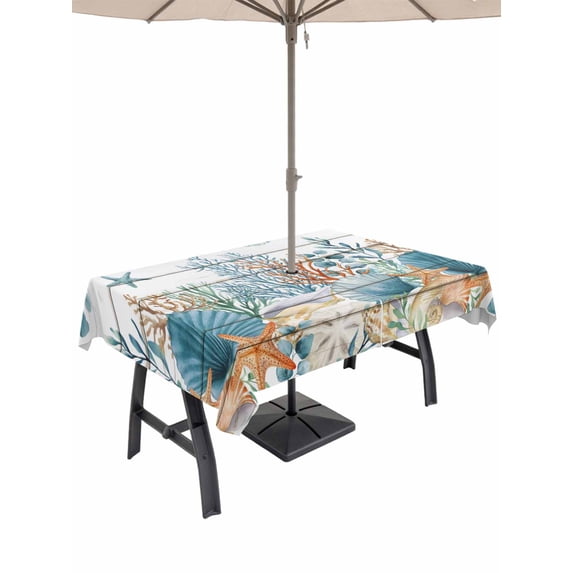 Outdoor Tablecloth with Umbrella Hole and Zipper, Teal Blue Coastal Rectangle Table Cloth 60x102 Inch Waterproof Tablecloth, Summer Beach Starfish Shell Coral Nautical Vintage Picnic Table Cover