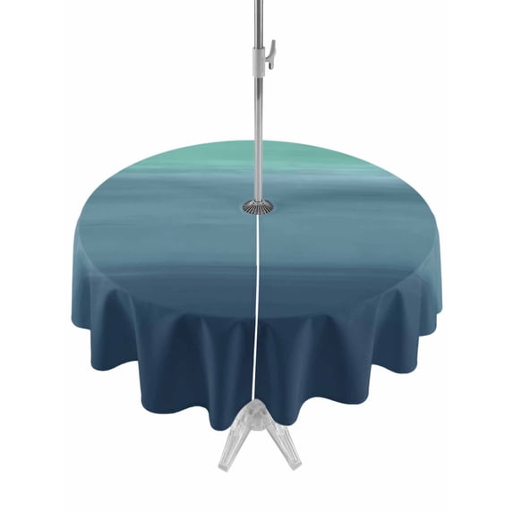 Outdoor Tablecloth with Umbrella Hole and Zipper, Teal Blue Ombre Round Table Cloth 54 Inch Waterproof Tablecloth, Modern Abstract Art Texture Picnic Table Cover for Patio Camping