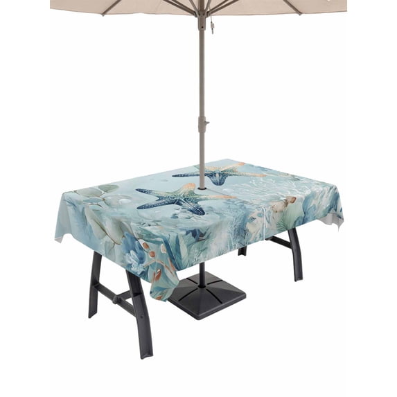 Outdoor Tablecloth with Umbrella Hole & Zipper, Teal Blue Starfish Coastal Rectangle Tablecloth 60x84 Inch, Nautical Beach Eucalyptus Coral Patio Table Cover Waterproof Table Cloth for Picnic/Party