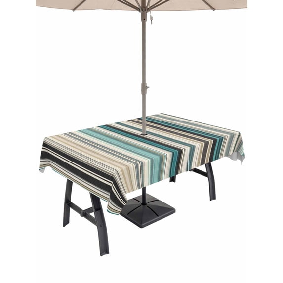 Outdoor Tablecloth with Umbrella Hole and Zipper, Teal Blue Striped Rectangle Table Cloth 60x120 Inch Waterproof Tablecloth, Farmhouse Stripes Modern Abstract Art Picnic Table Cover for Patio Camping